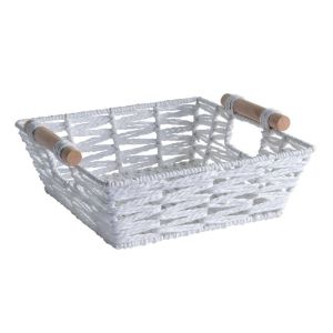 Panier carr blanc avec anses en bois 26 x 26 x 9 cm